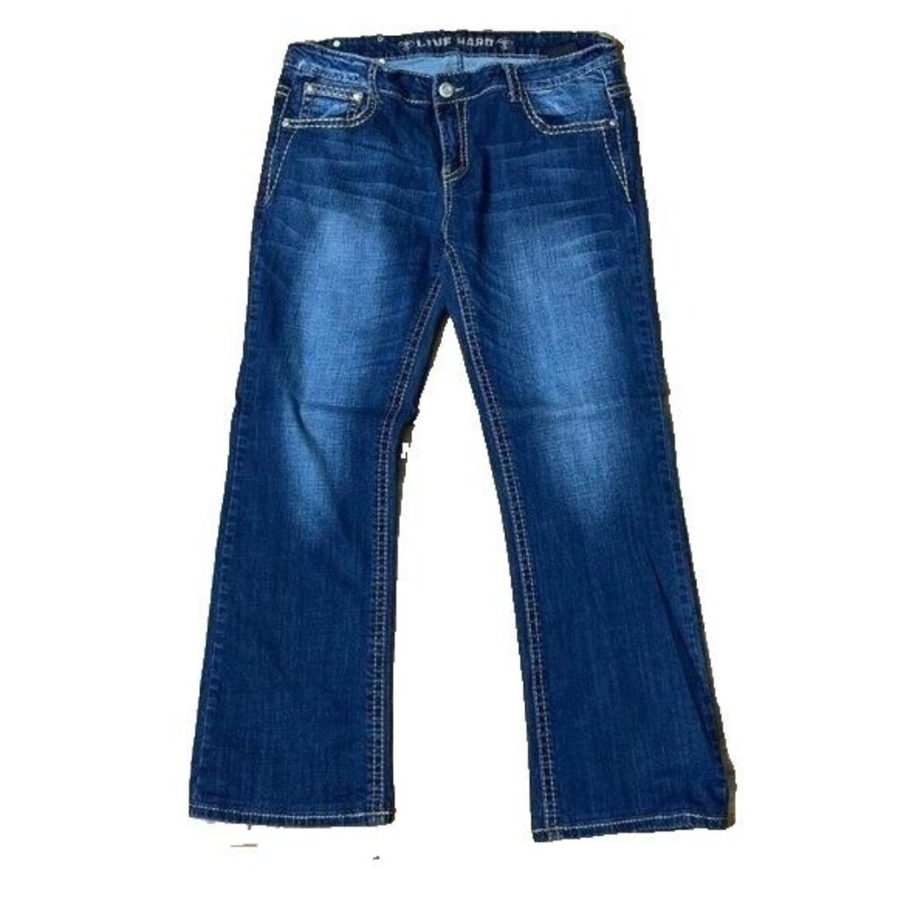 Live Hard Jeans Bootcut Mid Rise Blue Embroidered Denim Pant Medium Wash 37"